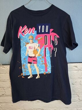 Barbie Navy Swim Tee with Pink & Blue Graphic Ken Print Sz M